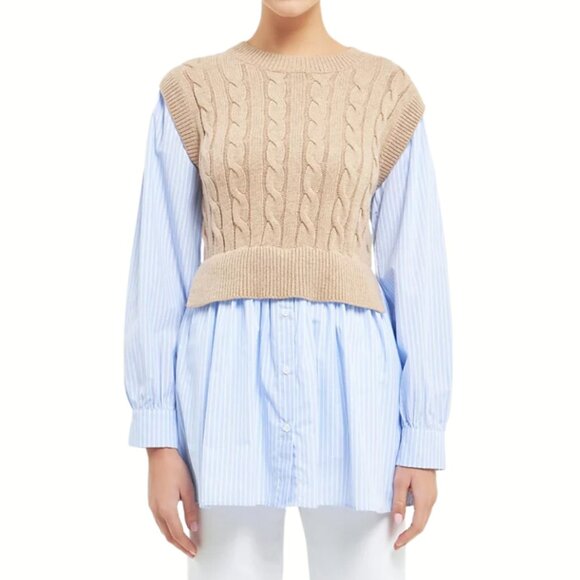 English Factory Layered-Look Cable Knit Long Striped Sweater Shirt XS - Picture 1 of 8